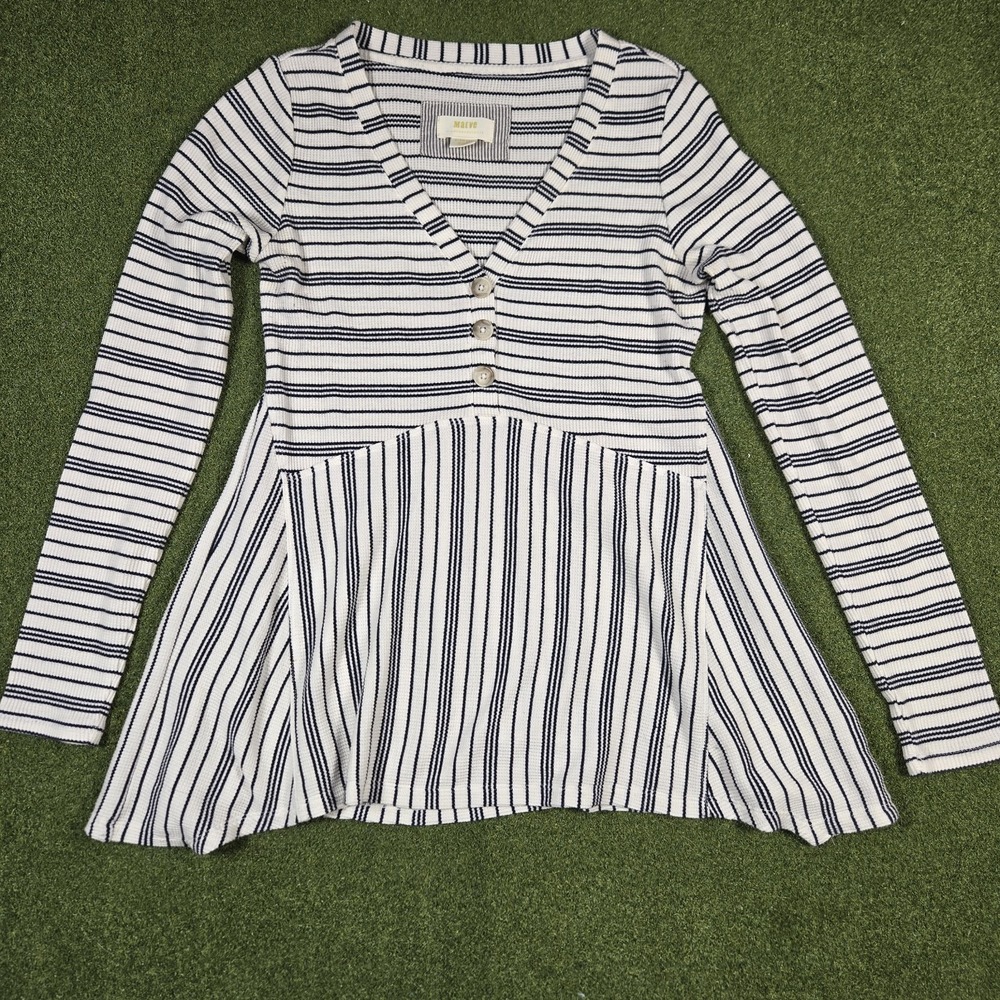 Maeve Anthropologie Womens Size XS Eliza Henley Striped Waffle Knit Babydoll Top